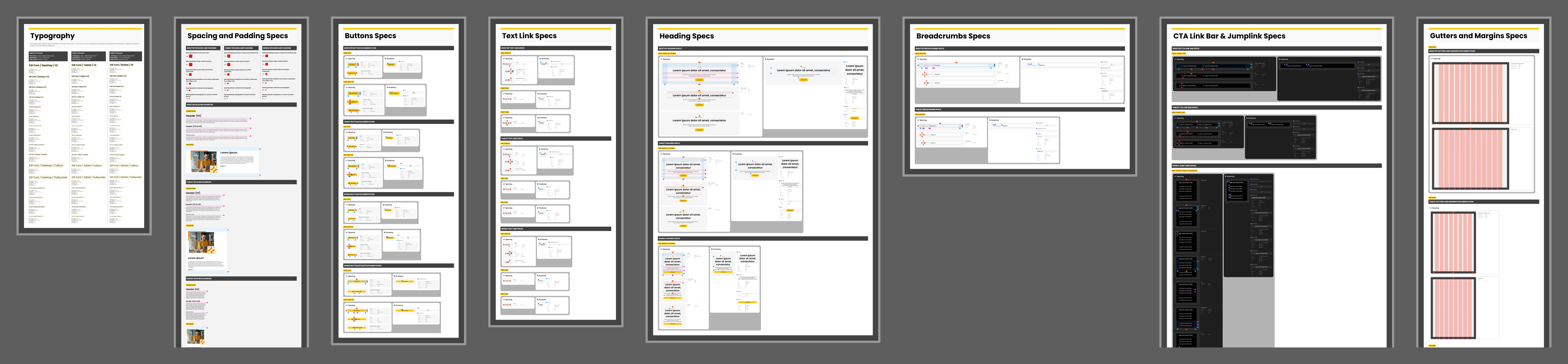 Pages from the Brightspeed Business design system side by side: a component spec sheet, typography, spacing, buttons and color
