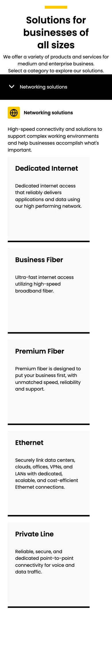 The full live section on a phone: a dropdown, then five stacked product cards, running past the bottom of the frame