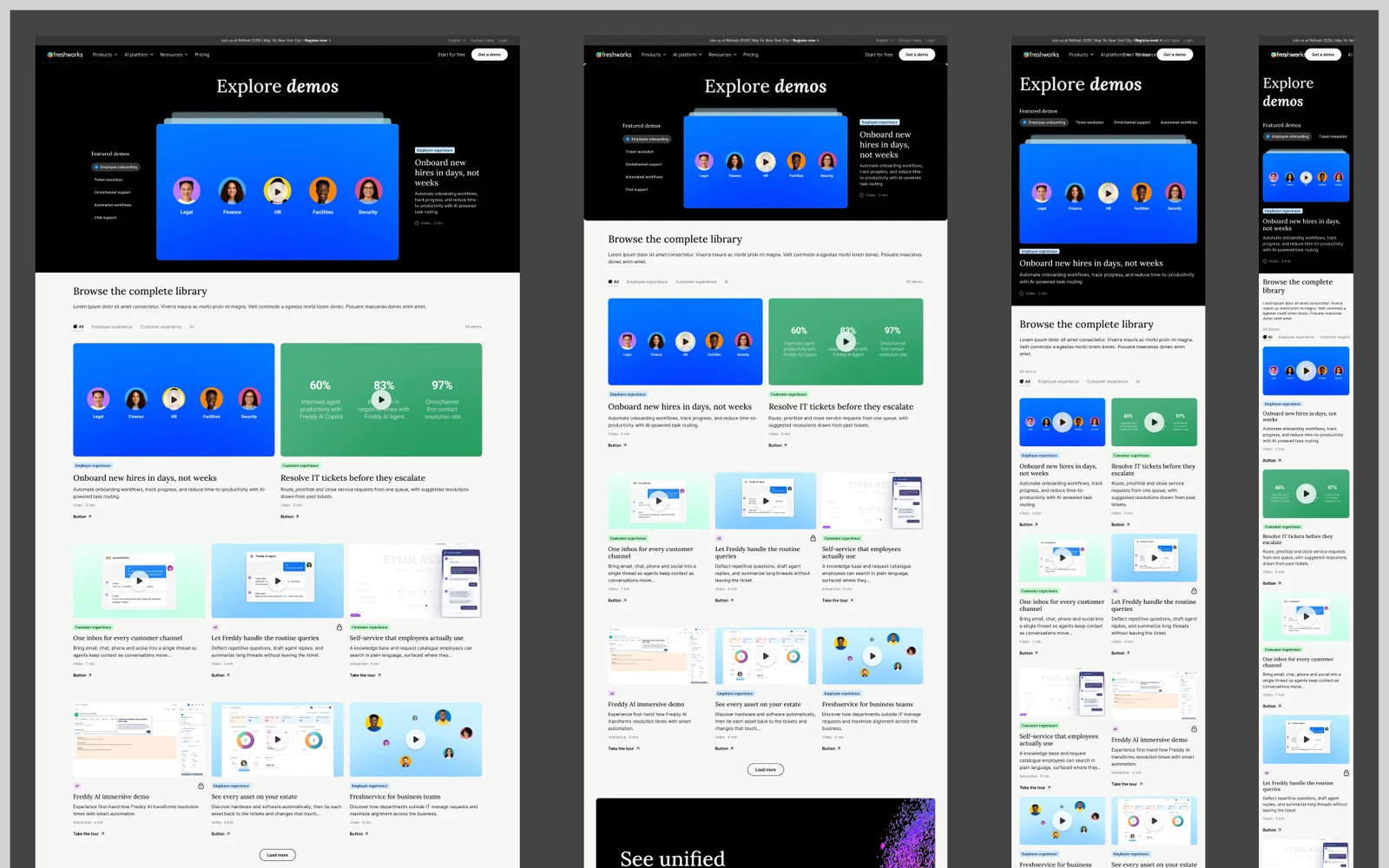 Page mockups of option two at desktop, laptop and tablet widths