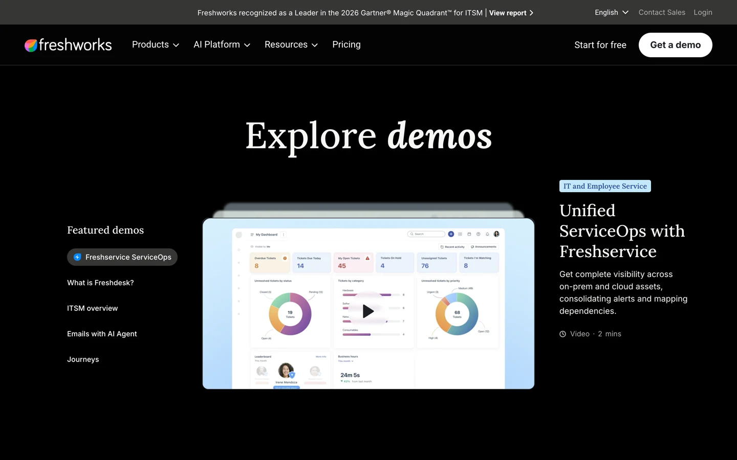 The live Explore demos page: a featured demos list, a video stage and the demo’s pitch