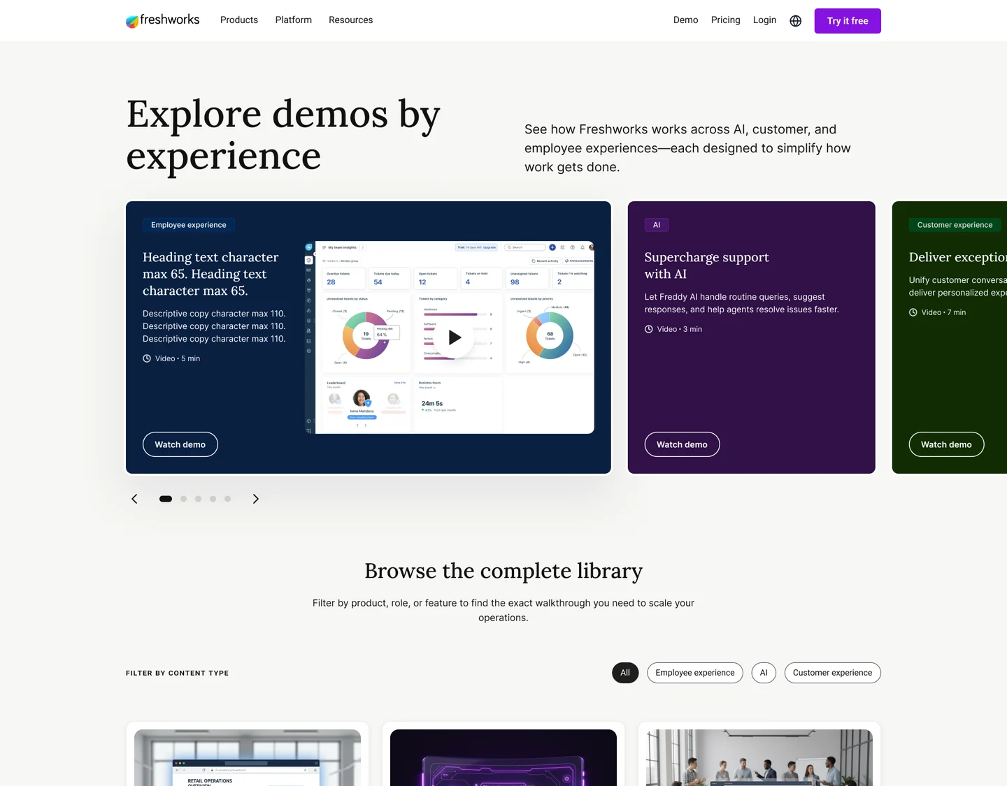 My first redesign: a large serif heading, a carousel of color-blocked demo cards and a filterable library